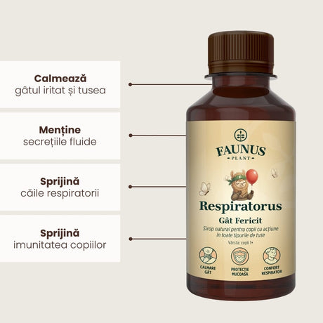 Respiratorus Gât Fericit – Sirop pentru copii. Susține confortul gâtului și căilor respiratorii. Flacon 200ml Sirop cu miere Faunus Plant 
