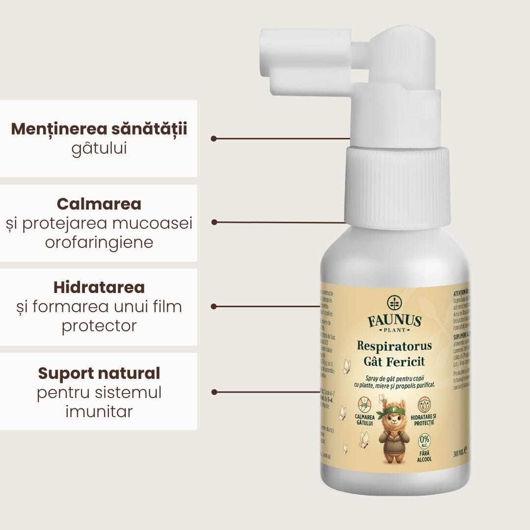 Respiratorus Gât Fericit - Spray de gât copii cu extracte naturale, propolis și miere. Efect calmant și hidratant. Flacon 30 ml Sprayuri Faunus Plant 