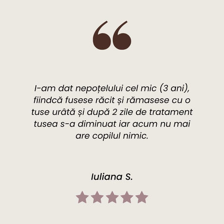 Testimonial al unui client mulțumit care a folosit Pachet Vitaminizant Imunitate Copii de la Faunus Plant.