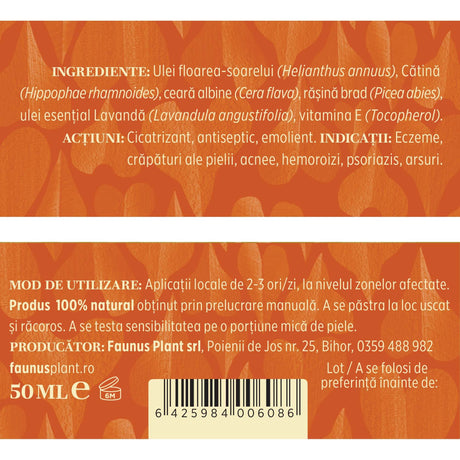 Etichetă desfășurată a produsului Unguent Cătină 50ml. Conține lista de ingrediente: ulei de floarea-soarelui (Helianthus annuus), cătină (Hippophae rhamnoides), ceară de albine (Cera flava), rășină de brad (Picea abies), ulei esențial de lavandă (Lavandula angustifolia), vitamina E (Tocopherol), alături de informații despre acțiuni, indicații și mod de utilizare.