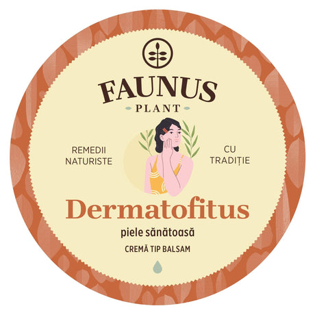 Eticheta detaliată a produsului Unguent Dermatofitus 50ml, indicând ingredientele și acțiunile produsului. Ingrediente: Ulei floarea-soarelui (Helianthus annuus), Mărul lupului (Aristolochia clematitis), Gălbenele (Calendula officinalis), Ceară albine (Cera flava), Rășină brad (Picea abies), Ulei esențial Lavandă (Lavandula angustifolia), Vitamina E (Tocopherol). | Cantitate - 100ml