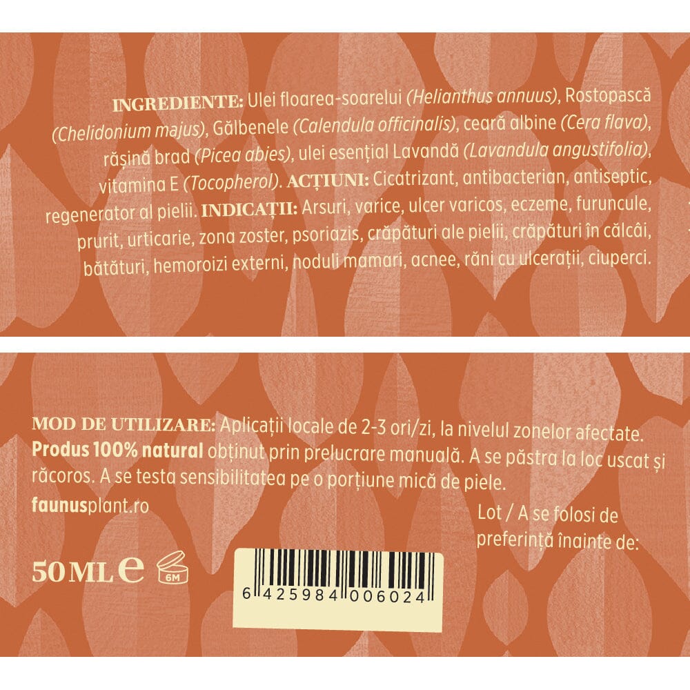 Dermatofitus - Cremă tip balsam 50ml. Extract din plante medicinale cu ceară de albine și rășină de brad pentru piele, cu efect cicatrizant Unguent Faunus Plant 