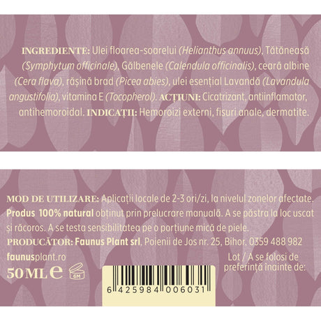 Etichetă desfășurată cu ingredientele Unguentului Hemorodalus 50 ml de la Faunus Plant, mod de administrare, condiții de păstrare și detalii despre producător.