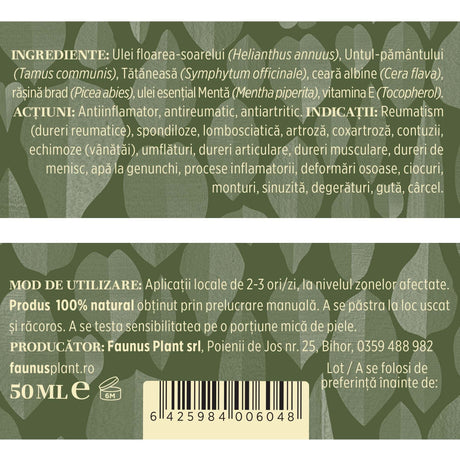 Etichetă desfășurată cu ingredientele Unguentului Reumaticus 50 ml de la Faunus Plant, mod de administrare, condiții de păstrare și detalii despre producător. | Cantitate - 50ml