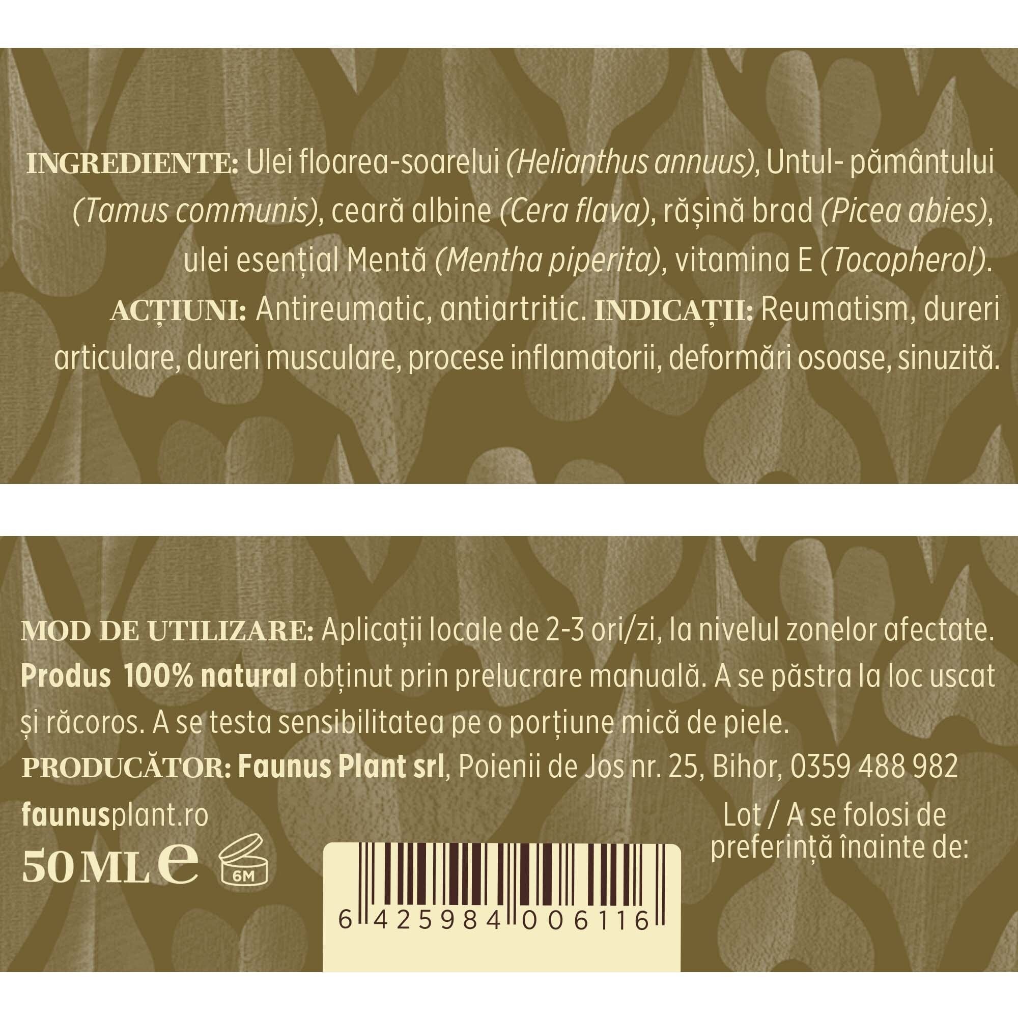 Untul Pământului - Unguent 50ml. Extract natural de untul-pământului cu ceară de albine și rășină de brad care calmează durerile reumatice, articulare și musculare Unguent Faunus Plant 