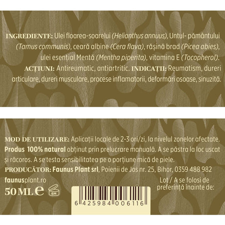Etichetă desfășurată cu ingredientele Unguentului Untul- Pământului 50 ml de la Faunus Plant, acțiuni, indicații, mod de administrare, condiții de păstrare și detalii despre producător.