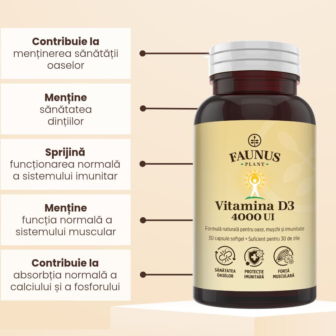 Flacon capsule Vitamina D3 4000 UI de la Faunus Plant fotografiat din față, având alături câteva beneficii cheie încadrate în câte un chenar: contribuie la menținerea sănătății oaselor, menține sănătatea dinților, sprijină funcționarea normală a sistemului imunitar, contribuie la absorbția normală a calciului și fosforului.