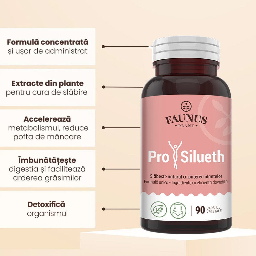 ProSilueth Capsule - Formulă unică pentru cura de slăbire, plante medicinale cu acțiune dovedită pentru accelerarea metabolismului, arderea grăsimilor, reducerea apetitului și detoxifierea organismului - 90 capsule Supliment alimentar Faunus Plant 