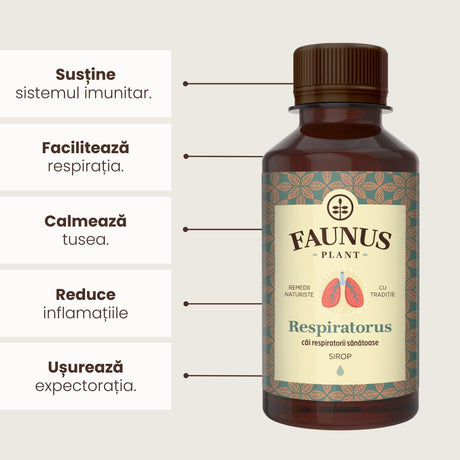 Beneficiile principale ale Siropului Respiratorus de 200ml de la Faunus Plant: susține sistemul imunitar, facilitează respirația, calmează tusea,reduce inflamația, ușurează expectorația