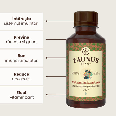 Beneficiile principale ale Siropului Vitaminizantus 200ml de la Faunus Plant: contribuie la îmbunătățirea sistemului imunitar, previne răceala și gripa, este un bun imunostimulator, reduce oboseala și are efect vitaminizant, sub formă de listă, având alături flaconul de sirop.