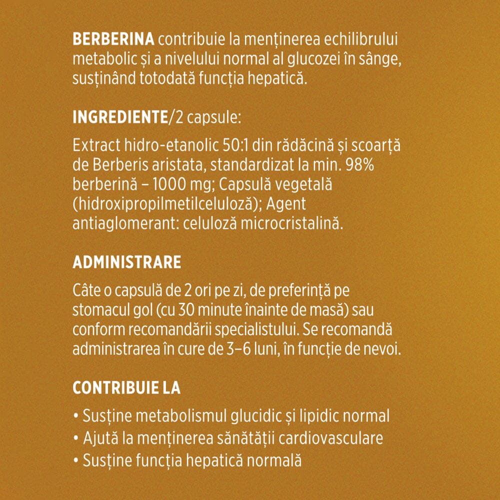 Berberină 1000 mg / 2 capsule. Formulă naturală pentru echilibru metabolic, menținerea colesterolului și trigliceridelor în valori optime. Flacon 60 capsule Supliment alimentar Faunus Plant 