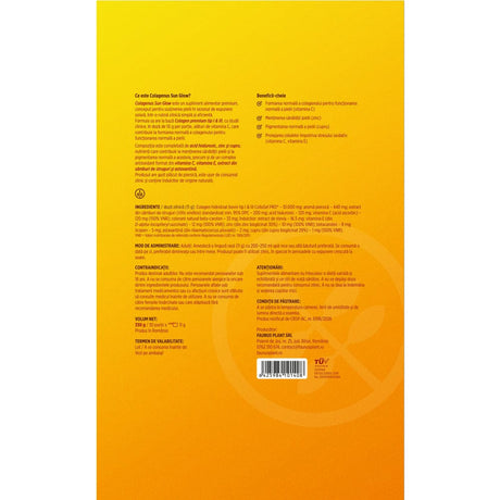 Colagenus Sun Glow – Colagen pudră pentru bronz uniform, piele radiantă și luminoasă. 10.000mg colagen, Vitamina C + E, zinc, cupru și acid hialuronic. Pudră 330g Supliment alimentar Faunus Plant 