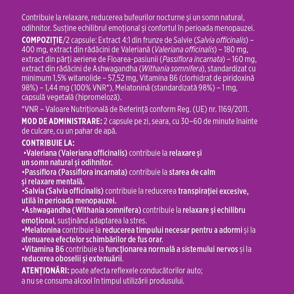 Etichetă desfășurată stânga pentru capsule Calmenor Noapte de la Faunus Plant, cu ingrediente, mod de administrare și beneficii.