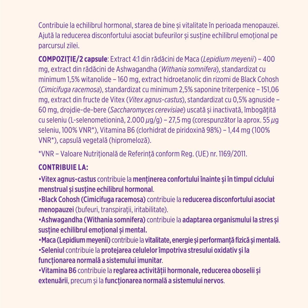 Etichetă desfășurată stânga pentru capsule Calmenor Zi de la Faunus Plant, cu ingrediente detaliate și beneficii.