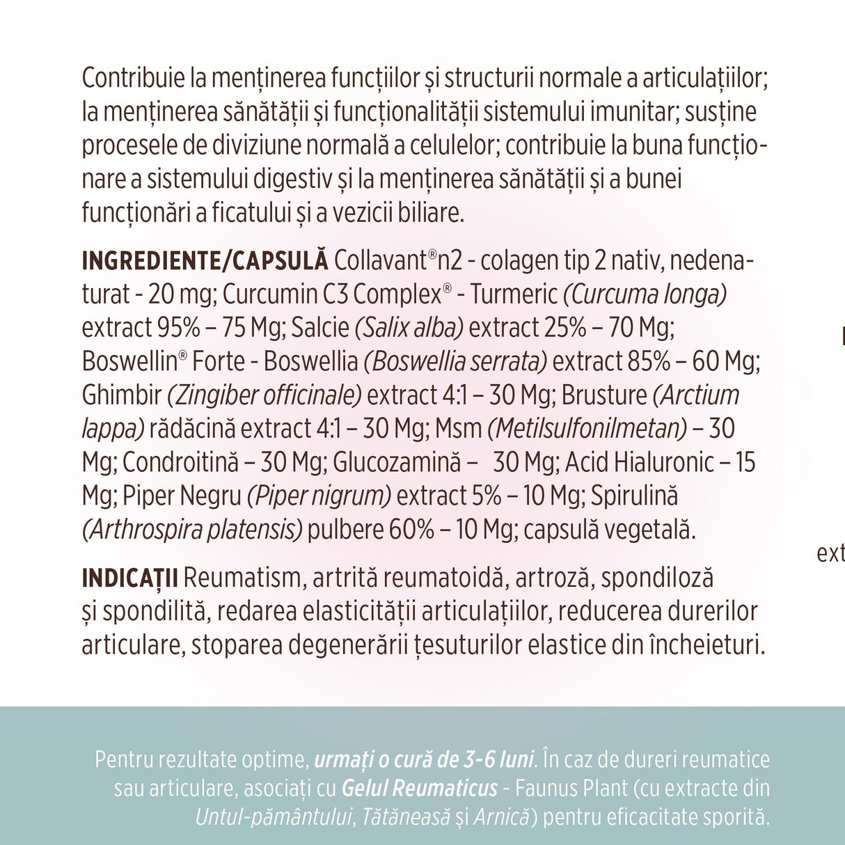 Etichetă desfășurată pentru Colagenus Capsule de la Faunus Plant cu detalii privind beneficiile, listă completă de ingrediente, indicații referitoare la consum și recomandarea unei cure de 3-6 luni.