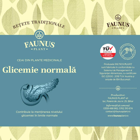 Etichetă frontală detaliată a Ceaiului Glicemie Normala 180g de la Faunus Plant, incluzând sigla TÜV Austria și logo-ul Faunus Plant.