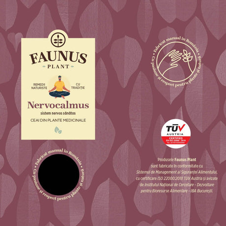 Etichetă desfășurată față pentru Ceaiul Nervocalmus de la Faunus Plant, afișând logo-ul Faunus Plant și textul "remedii naturiste" și "cu tradiție", pe un fundal vișiniu.