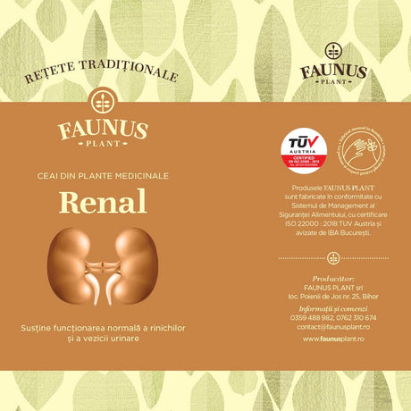 Eticheta desfășurată a părții frontale a ambalajului Ceaiului Renal de la Faunus Plant, cu detalii despre certificarea TUV Austria și garanția produsului 100% natural, obținut manual.