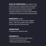 Etichetă desfășurată stânga pentru capsule Chimen Negru de la Faunus Plant, cu detalii despre produs, listă ingrediente, mod de administrare, beneficii.