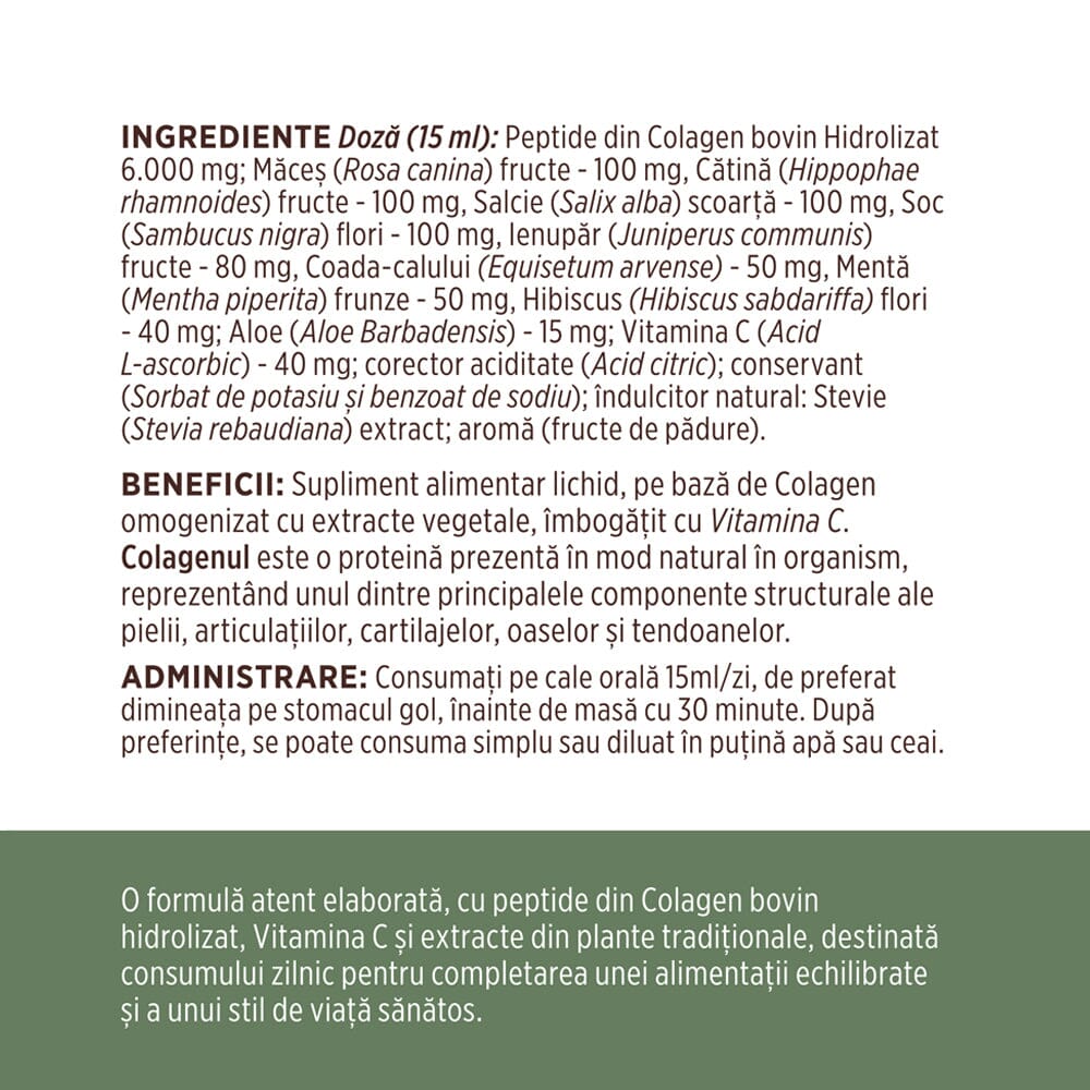 Colagenus - Colagen lichid hidrolizat. Flacon 250ml. Susține sănătatea articulațiilor, pielii, părului și unghiilor Supliment alimentar Faunus Plant 