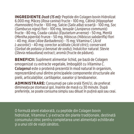 Colagenus - Colagen lichid hidrolizat. Flacon 250ml. Susține sănătatea articulațiilor, pielii, părului și unghiilor Supliment alimentar Faunus Plant 