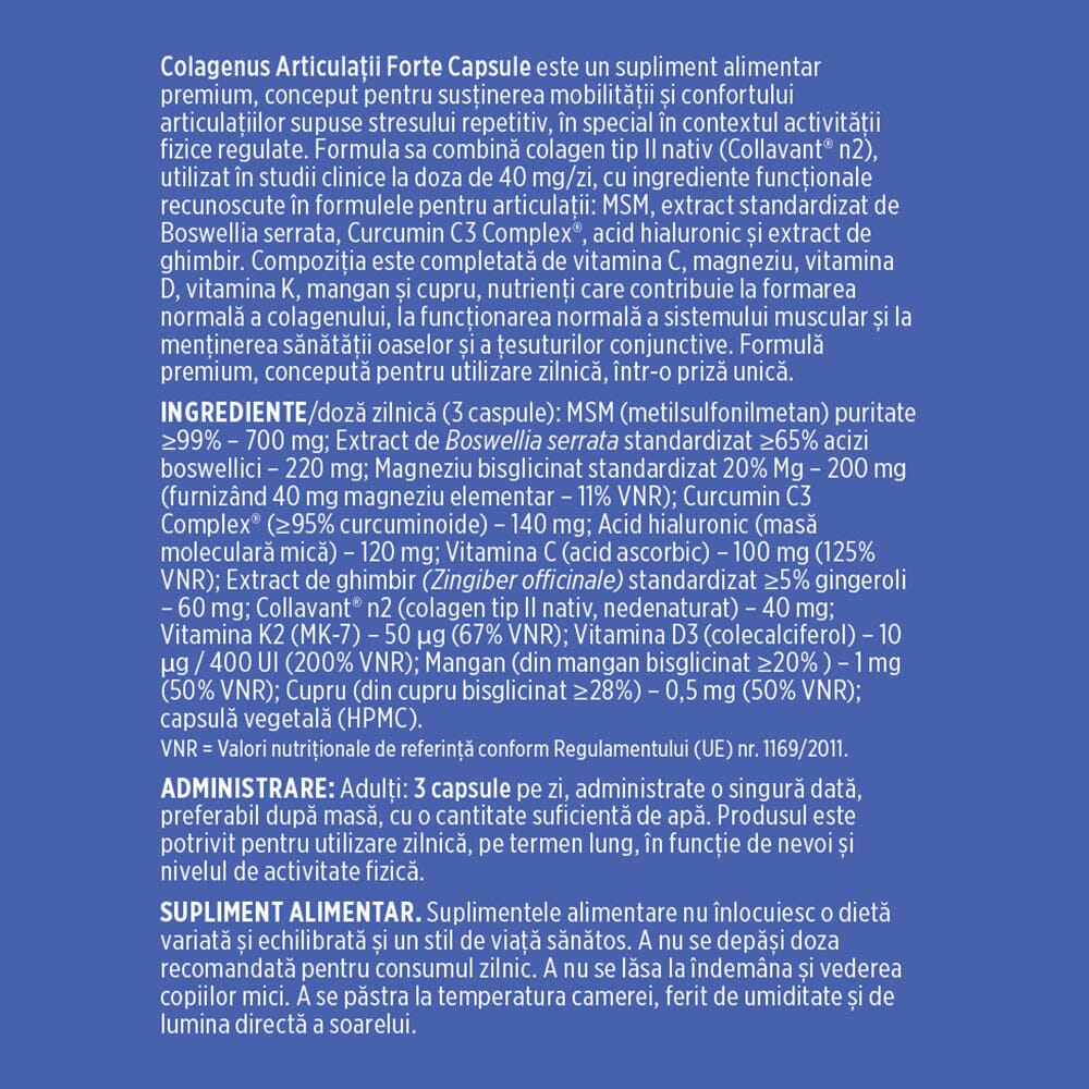 Etichetă desfășurată pentru Colagenus Articulații Forte capsule de la Faunus Plant având vizibilă descrierea produsului, lista de ingrediente și mod de administrare.