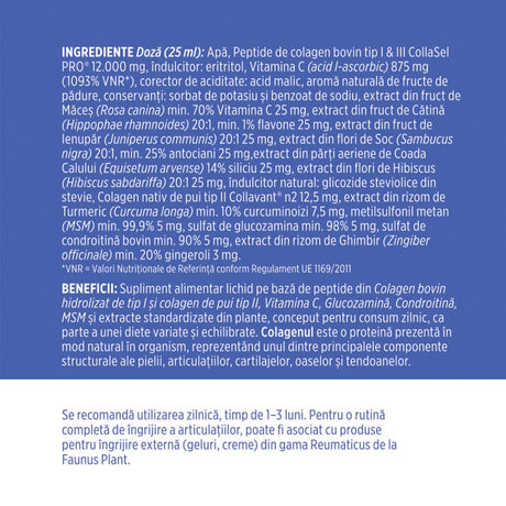 Colagenus Articulații Forte - Colagen lichid concentrat, 12.000mg colagen tip I și III, 12,5mg colagen tip II. Flacon 500ml. Susține sănătatea articulațiilor, reducerea inflamațiilor, recuperarea mușchilor și ligamentelor Supliment alimentar Faunus Plant 
