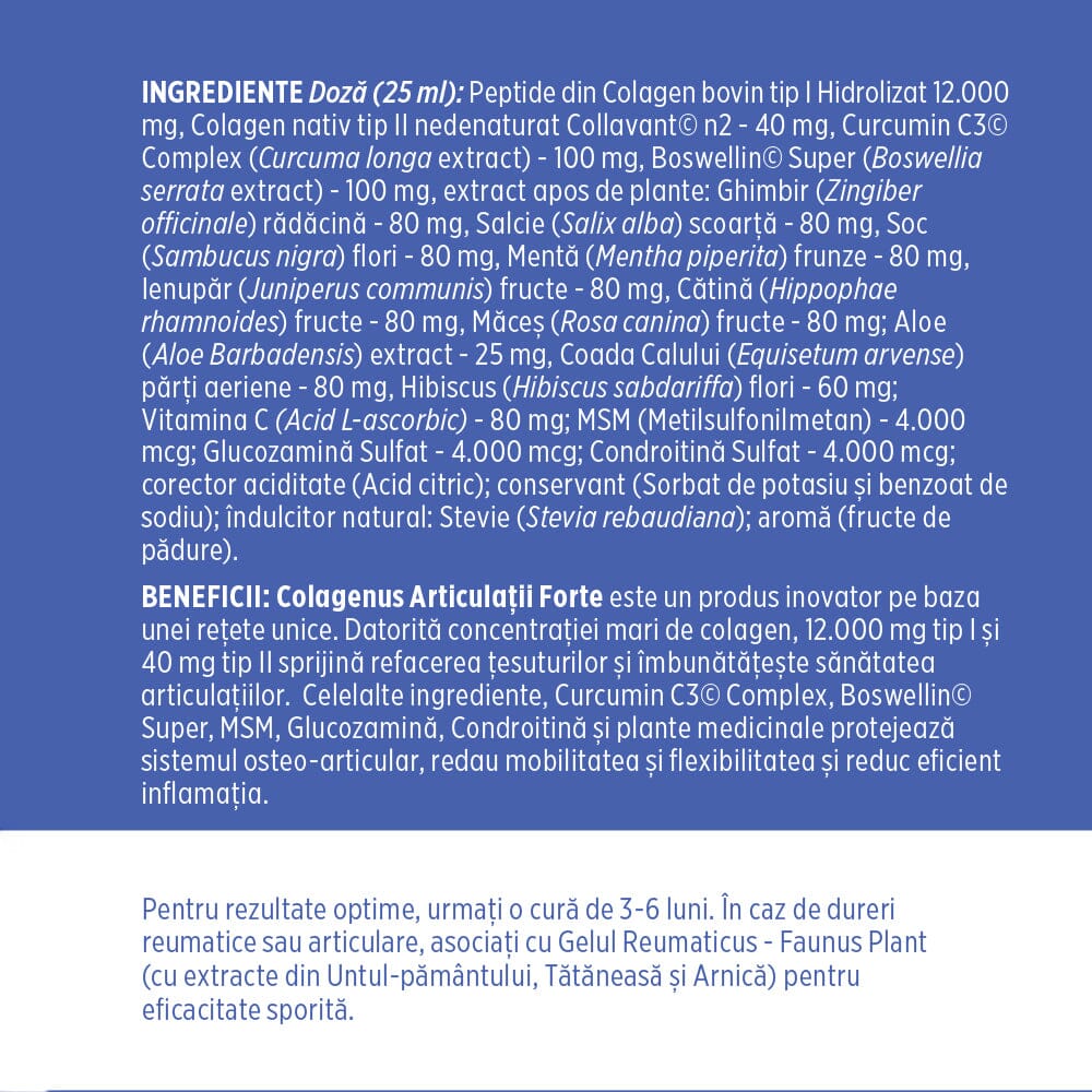 Colagenus Articulații Forte - Colagen lichid concentrat, 12.000mg colagen tip 1 și 40mg colagen tip 2. Flacon 500ml. Susține sănătatea articulațiilor, reducerea inflamațiilor și durerii reumatice, refacerea mușchilor și ligamentelor Supliment alimentar Faunus Plant 