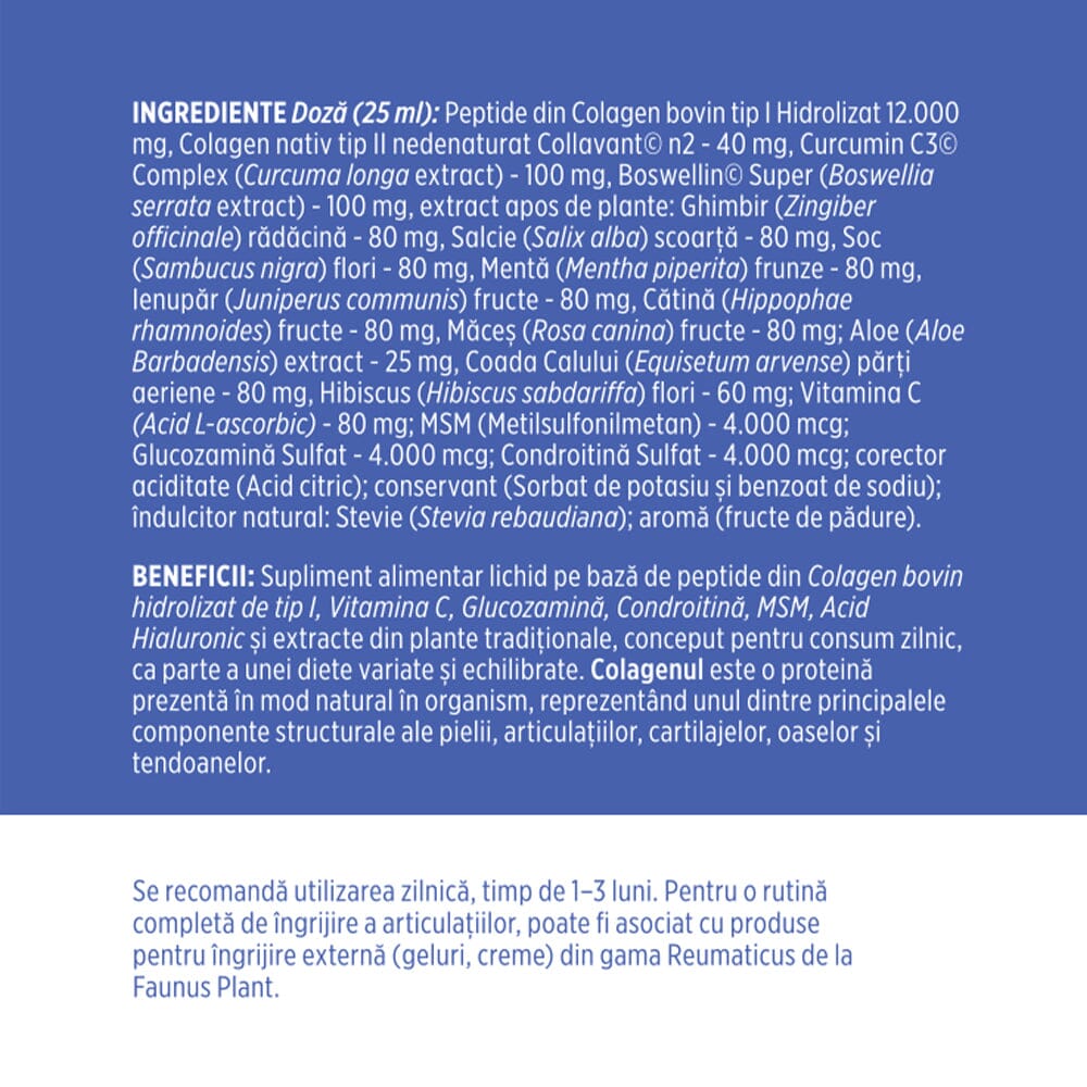 Colagenus Articulații Forte - Colagen lichid concentrat, 12.000mg colagen tip 1 și 40mg colagen tip 2. Flacon 500ml. Susține sănătatea articulațiilor, reducerea inflamațiilor și durerii reumatice, refacerea mușchilor și ligamentelor Supliment alimentar Faunus Plant 