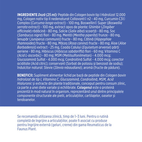 Colagenus Articulații Forte - Colagen lichid concentrat, 12.000mg colagen tip 1 și 40mg colagen tip 2. Flacon 500ml. Susține sănătatea articulațiilor, reducerea inflamațiilor și durerii reumatice, refacerea mușchilor și ligamentelor Supliment alimentar Faunus Plant 