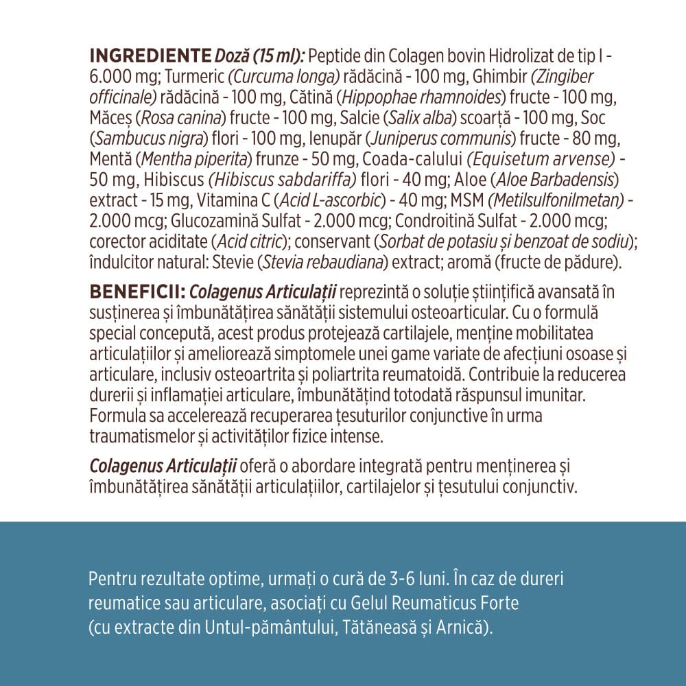 Colagenus Articulații - Colagen lichid. Flacon 500ml. Susține sănătatea articulațiilor, mușchilor și ligamentelor. Reduce durerile reumatice Supliment alimentar Faunus Plant 