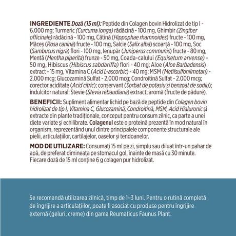 Colagenus Articulații - Colagen lichid. Flacon 500ml. Susține sănătatea articulațiilor, mușchilor și ligamentelor. Reduce durerile reumatice Supliment alimentar Faunus Plant 