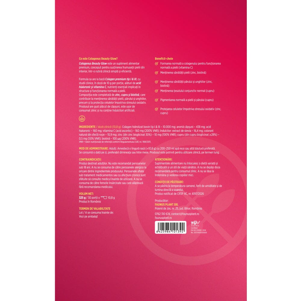 Colagenus Beauty Glow – Colagen hidrolizat pudră tip 1 și 3. Concentrație mare 10.000mg pentru piele hidratată și luminoasă, păr și unghii puternice. Pudră 325g Supliment alimentar Faunus Plant 