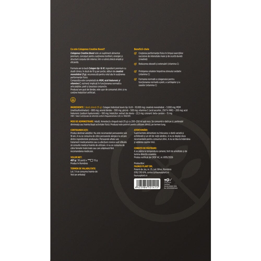 Colagenus Creatine Boost – Colagen pudră cu acid hialuronic și creatină. Colagen tip 1 și 3 pentru masa musculară, articulații sănătoase și piele hidratată. Pudră 457g Supliment alimentar Faunus Plant 