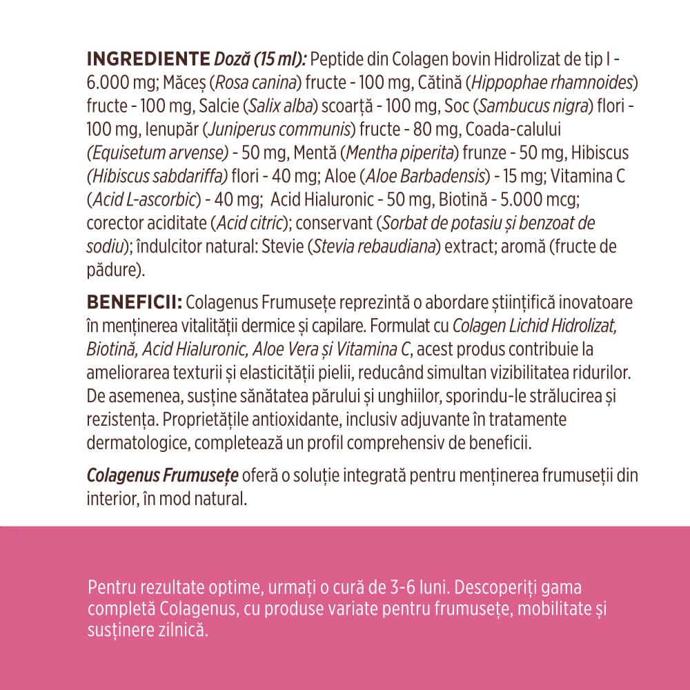 Colagenus Frumusețe - Colagen lichid hidrolizat cu acid hialuronic și biotină. Flacon 500ml. Susține sănătatea și frumusețea pielii, unghiilor și părului. Reduce ridurile și căderea părului. Întărește unghiile Supliment alimentar Faunus Plant 