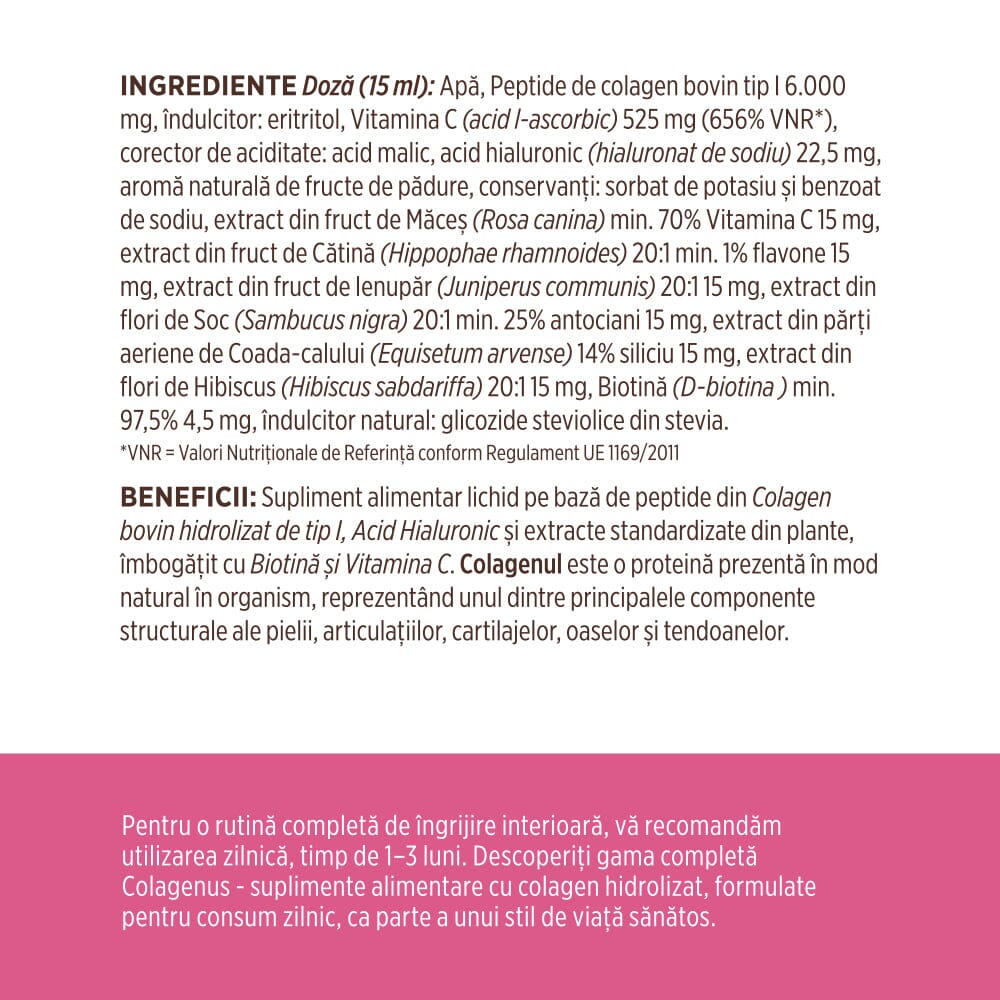 Colagenus Frumusețe - Colagen lichid hidrolizat cu acid hialuronic și biotină. Flacon 500ml. Susține sănătatea și frumusețea pielii, unghiilor și părului. Reduce ridurile și căderea părului. Întărește unghiile Supliment alimentar Faunus Plant 