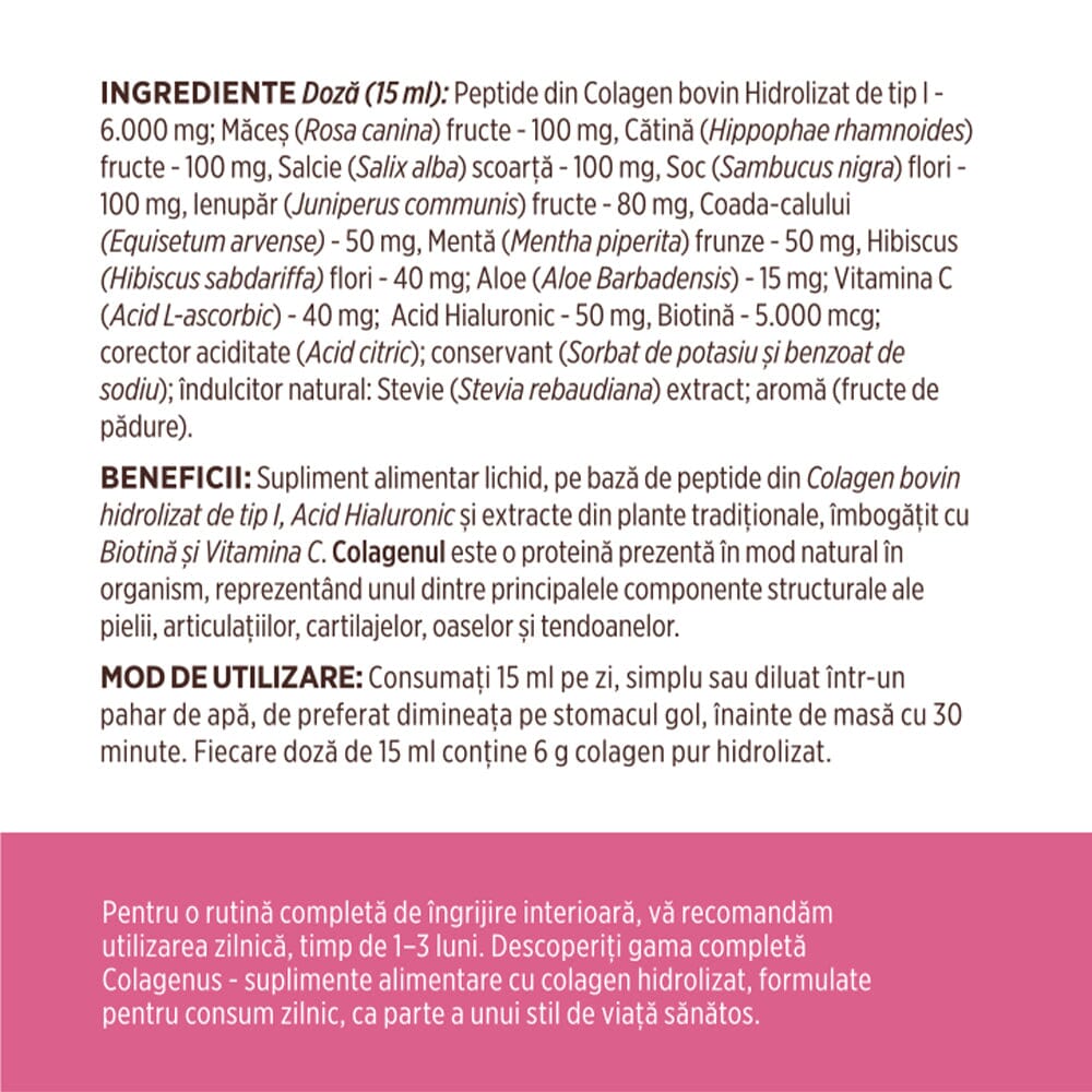 Colagenus Frumusețe - Colagen lichid hidrolizat cu acid hialuronic și biotină. Flacon 500ml. Susține sănătatea și frumusețea pielii, unghiilor și părului. Reduce ridurile și căderea părului. Întărește unghiile Supliment alimentar Faunus Plant 