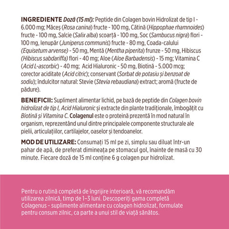 Colagenus Frumusețe - Colagen lichid hidrolizat cu acid hialuronic și biotină. Flacon 500ml. Susține sănătatea și frumusețea pielii, unghiilor și părului. Reduce ridurile și căderea părului. Întărește unghiile Supliment alimentar Faunus Plant 