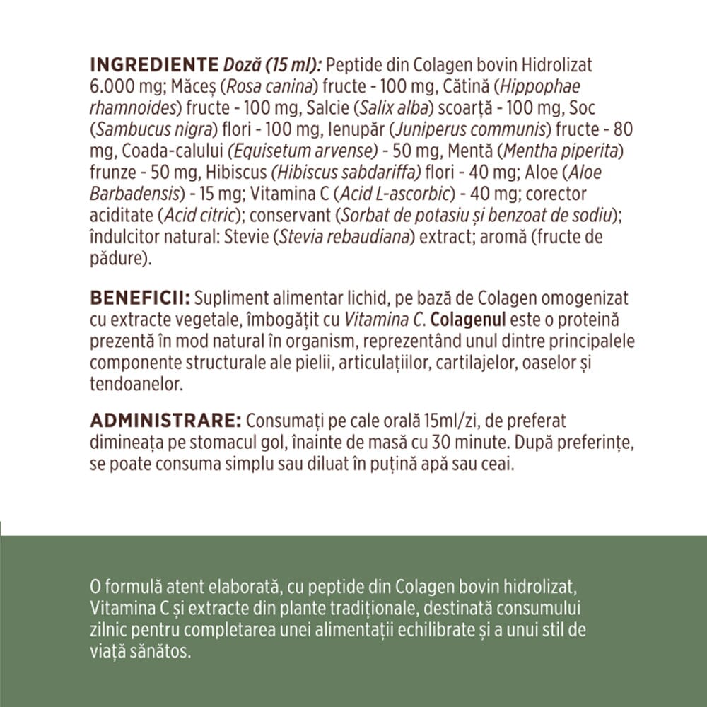 Colagenus - Colagen lichid hidrolizat. Flacon 500ml. Susține sănătatea articulațiilor, pielii, părului și unghiilor Supliment alimentar Faunus Plant 