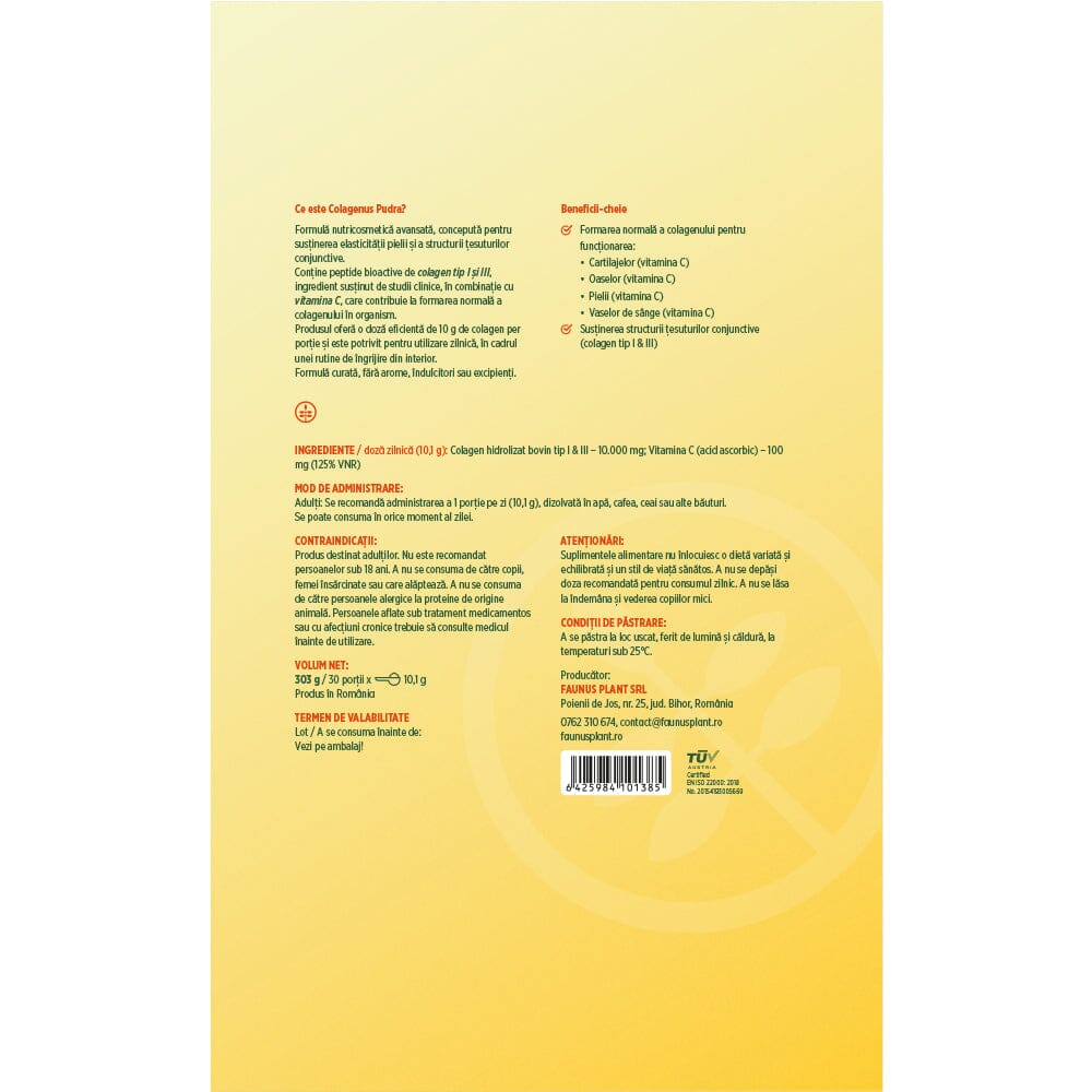 Colagenus Pudră - Colagen hidrolizat concentrat. 10.000 mg tip 1 și tip 3 cu vitamina C. Susține sănătatea articulațiilor, pielii și oaselor. Pudră 303g Pudra Faunus Plant 