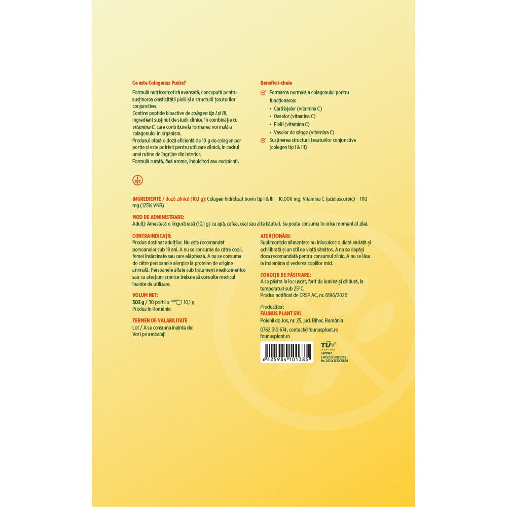 Colagenus Pudră - Colagen hidrolizat concentrat. 10.000 mg tip 1 și tip 3 cu vitamina C. Susține sănătatea articulațiilor, pielii și oaselor. Pudră 303g Supliment alimentar Faunus Plant 