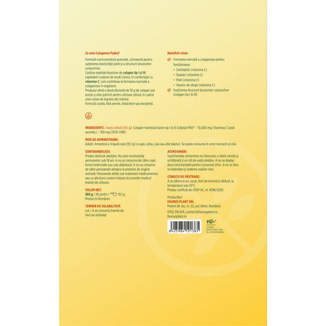 Colagenus Pudră - Colagen hidrolizat concentrat. 10.000 mg tip 1 și tip 3 cu vitamina C. Susține sănătatea articulațiilor, pielii și oaselor. Pudră 303g Supliment alimentar Faunus Plant 
