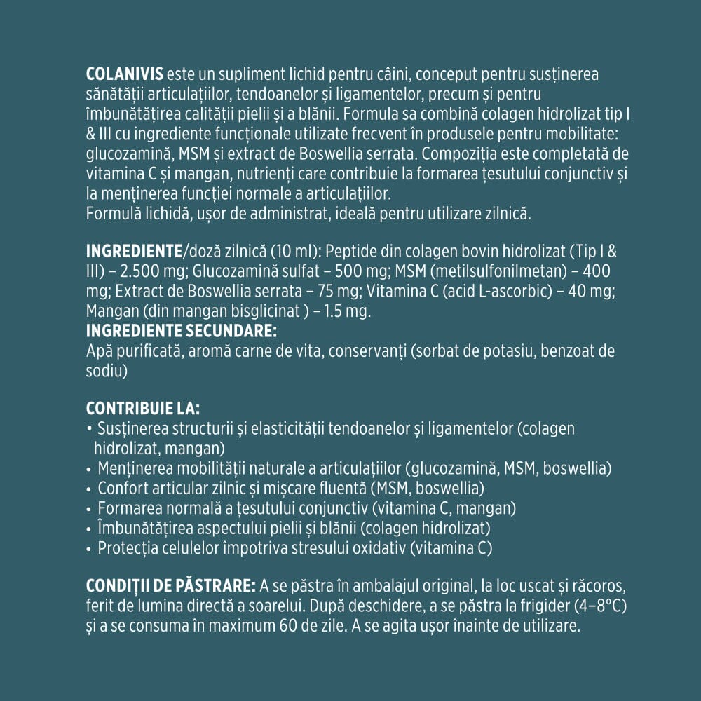 Etichetă desfășurate pentru Colanivis de la Faunus Pets, având afișată descrierea produsului, ingrediente / doză zilnică, ingrediente secundare, beneficii cu bullets și condiții de păstrare.