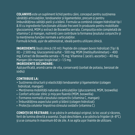 Etichetă desfășurate pentru Colanivis de la Faunus Pets, având afișată descrierea produsului, ingrediente / doză zilnică, ingrediente secundare, beneficii cu bullets și condiții de păstrare.