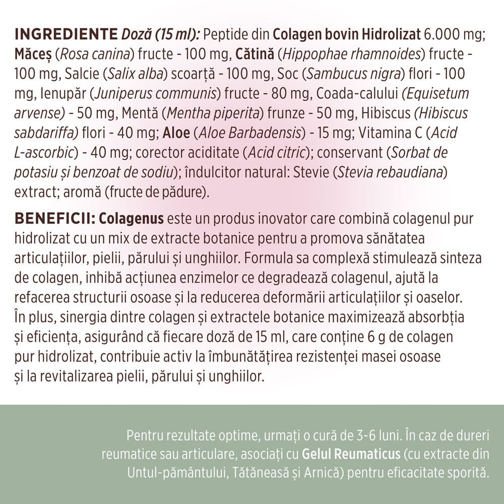 Colagenus - Colagen lichid hidrolizat. Flacon 500ml. Susține sănătatea articulațiilor, pielii, părului și unghiilor Supliment alimentar Faunus Plant 