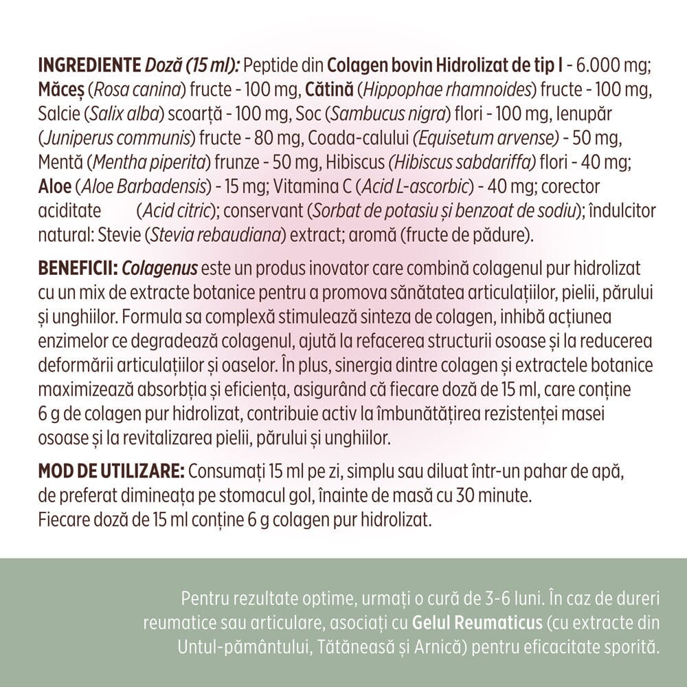 Colagenus - Colagen lichid hidrolizat. Flacon 500ml. Susține sănătatea articulațiilor, pielii, părului și unghiilor Supliment alimentar Faunus Plant 