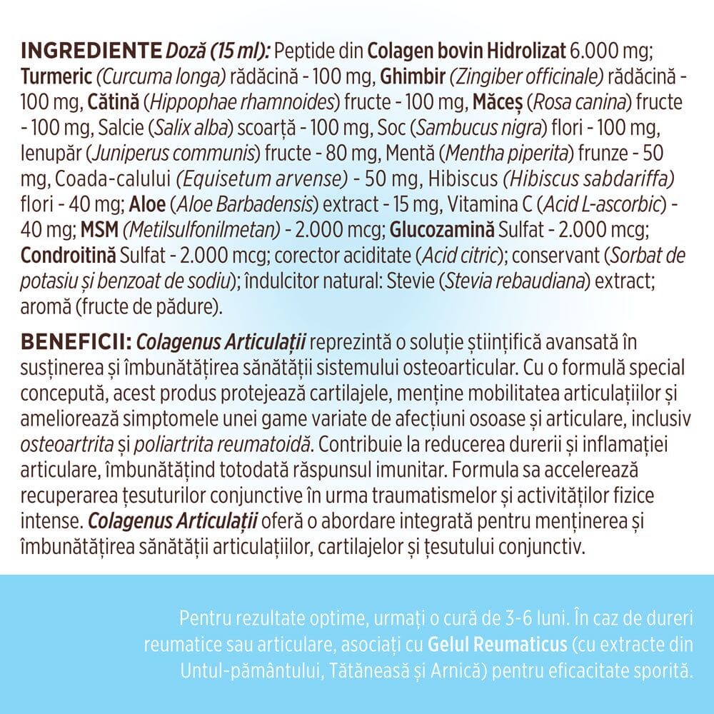 Colagenus Articulații - Colagen lichid. Flacon 500ml. Susține sănătatea articulațiilor, mușchilor și ligamentelor. Reduce durerile reumatice Supliment alimentar Faunus Plant 