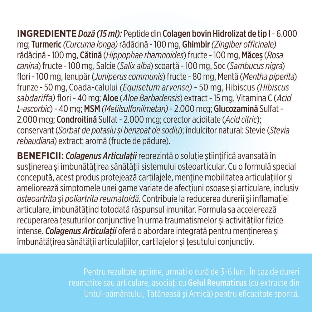 Colagenus Articulații - Colagen lichid. Flacon 500ml. Susține sănătatea articulațiilor, mușchilor și ligamentelor. Reduce durerile reumatice Supliment alimentar Faunus Plant 