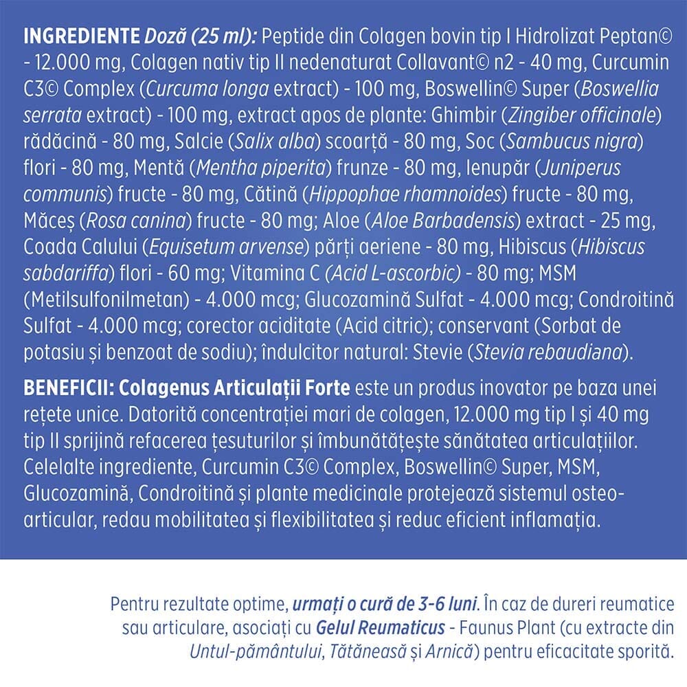 Colagenus Articulații Forte - Colagen lichid concentrat, 12.000mg colagen tip 1 și 40mg colagen tip 2. Flacon 500ml. Susține sănătatea articulațiilor, reducerea inflamațiilor și durerii reumatice, refacerea mușchilor și ligamentelor Supliment alimentar Faunus Plant 