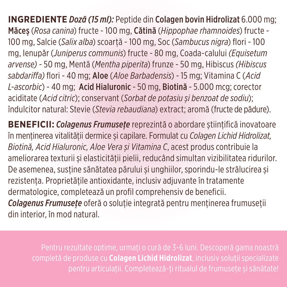 Colagenus Frumusețe - Colagen lichid hidrolizat cu acid hialuronic și biotină. Flacon 500ml. Susține sănătatea și frumusețea pielii, unghiilor și părului. Reduce ridurile și căderea părului. Întărește unghiile Supliment alimentar Faunus Plant 
